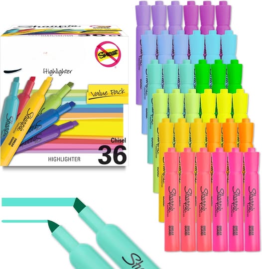 36-Count Sharpie Tank Highlighters, Chisel Tip, 12 Assorted Colors