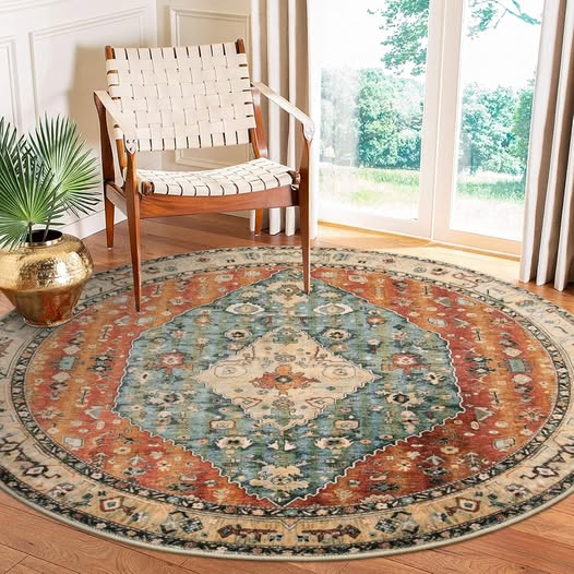 6ft Round Washable Boho Tribal Area Rug, Rust & Teal