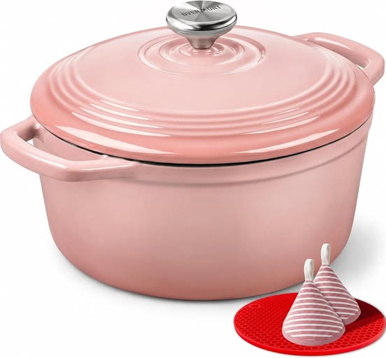 5.5QT Enameled Cast Iron Dutch Oven with Lid & Potholders