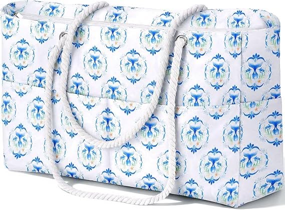 Large Waterproof Beach Tote with Zipper & 5 Pockets