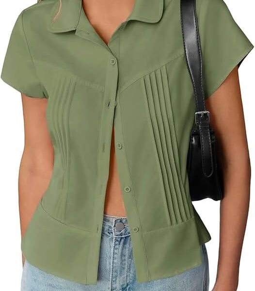 50% 0FF Women's Short-Sleeve Pleated Button-Down Blouse