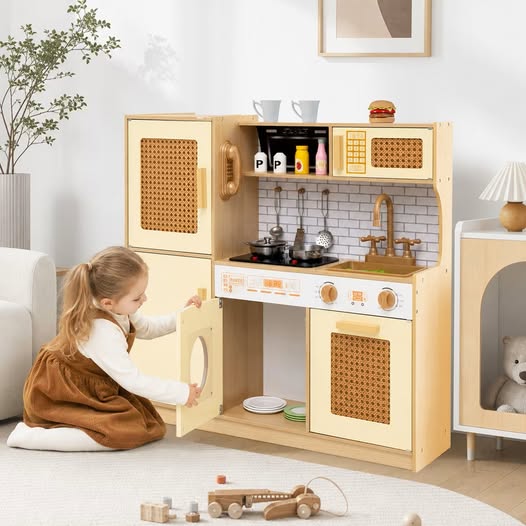 Kids Play Kitchen Playset with Lights and Sounds, Rattan Accent Doors