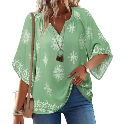 Women's Bohemian V-Neck Flowy Blouse with 3/4 Bell Sleeves
