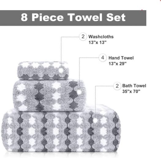 8-Piece 700 GSM Bath Towel Set, 2 Bath Towels, 4 Hand Towels & 2 Washcloths