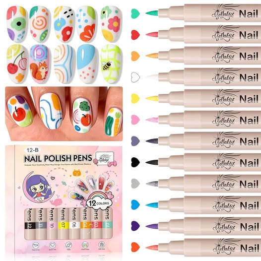 50% 0FF Nail Art Pens,12 Colors 0.7mm 3D Nail Polish Pens for Women