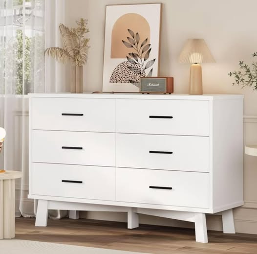 Modern 6-Drawer Wooden Bedroom Dresser with X-Shaped Base, White