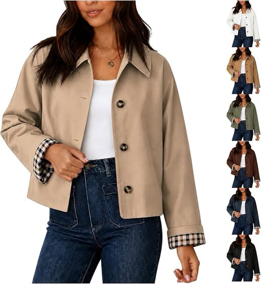50% 0FF Women's Short Button-Down Trench Coat with Plaid Lining