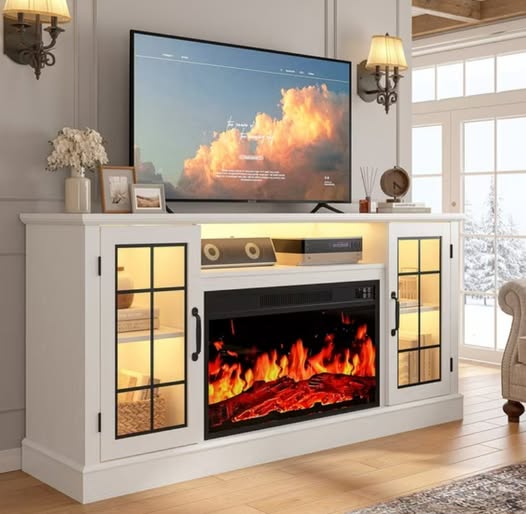 63" Fireplace TV Stand with 32" Electric Fireplace & LED