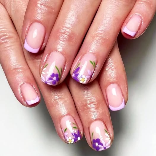 Short Square Purple Floral Press-On Nails with French Tips