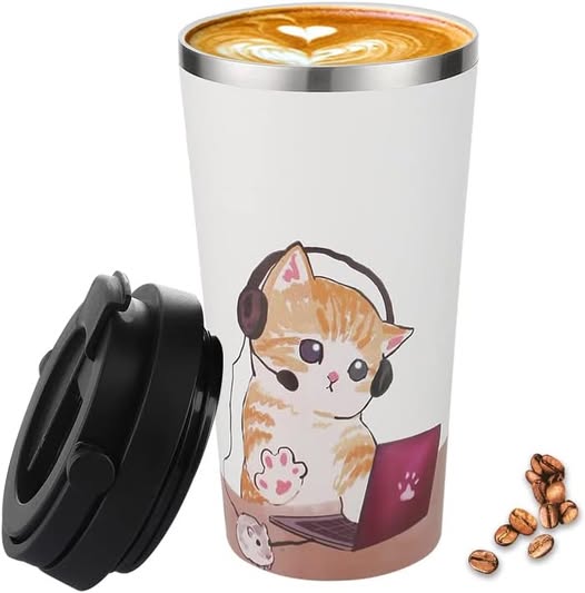 16oz Insulated Coffee Tumbler with Ceramic Coating, Flip Lid & Handle
