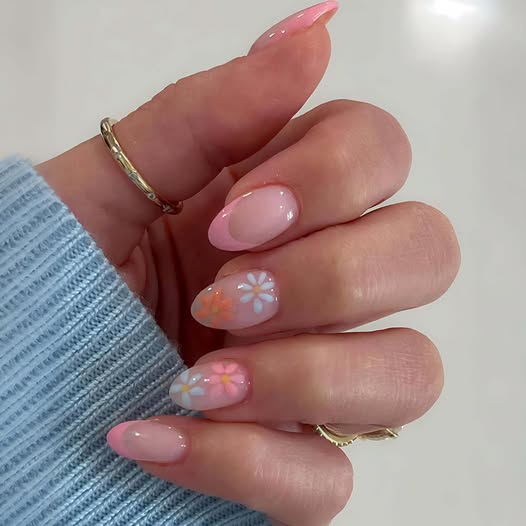 24-Piece Short Almond Press-On Nails, Pink French Tip with Flower Design