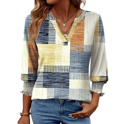 Women's 3/4-Sleeve V-Neck Blouse with Smocked Cuffs