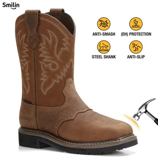 Men's Pull-On Western Steel Toe Work Boots, Brown