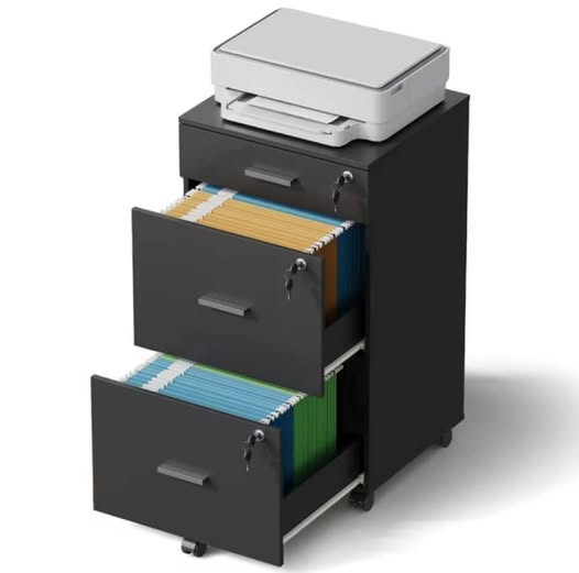 3-Drawer Rolling File Cabinet with Lock & Key, Black