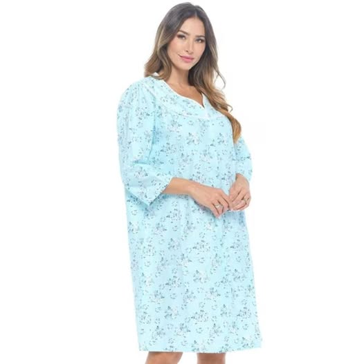 Women's Floral Flannel Long Sleeve Nightgown with Lace Trim