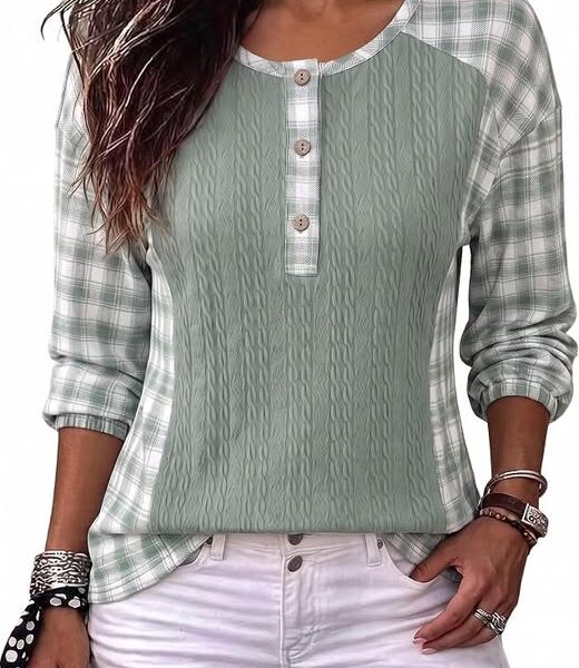 Women's Long-Sleeve Plaid Button-Down Tunic Top