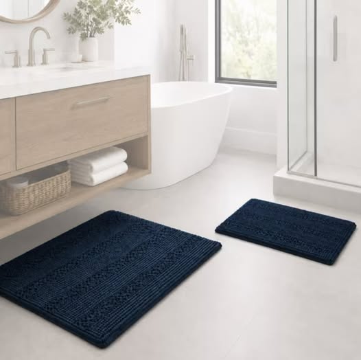 2-Pack Navy Chenille Shaggy Bath Rug Set, Machine Washable
