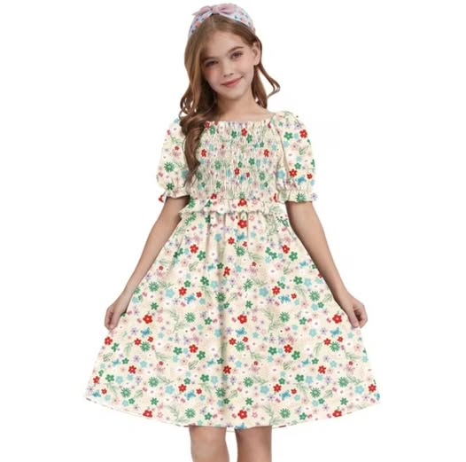 Girls' Floral Print Puff-Sleeve A-Line Midi Sundress