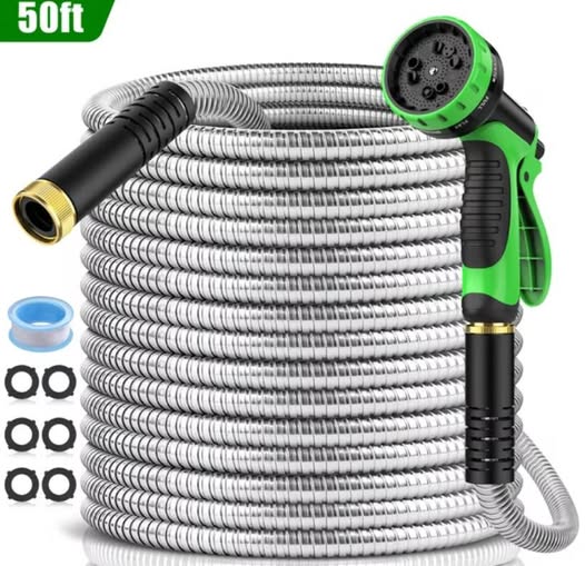 50ft Stainless Steel Garden Hose with 10-Function Nozzle & Brass Fittings