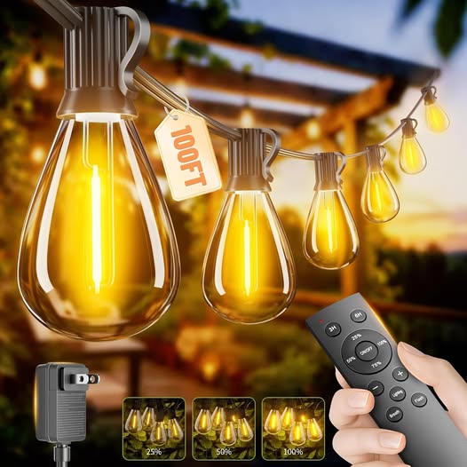 100FT Outdoor String Lights with Remote, Dimmable, 35+1 Waterproof Bulbs, 2700K