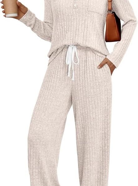 45% OFF Women's 2-Piece Lounge Set, Long Sleeve Henley Top & Wide Leg Pants