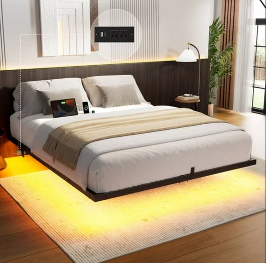 Queen Size Floating Metal Bed Frame with LED Lights & Charging Station