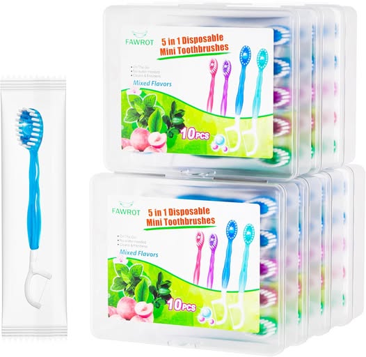 50% 0FF 5-in-1 Mini Disposable Travel Toothbrushes with Floss, Pick & Tongue Scraper, 70 Count