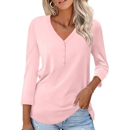 Women's Button V-Neck 3/4 Sleeve Casual Top