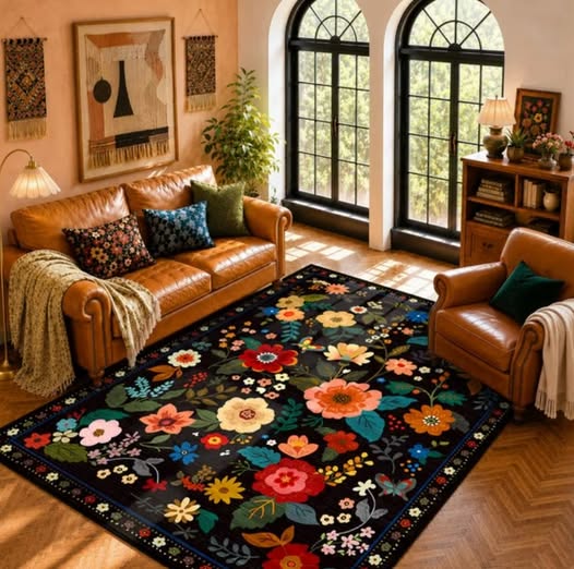 5' x 7' Boho Non-Slip Washable Area Rug, Black Floral