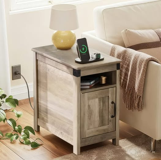 End Table with Charging Station, USB Ports & Storage Cabinet, Greige
