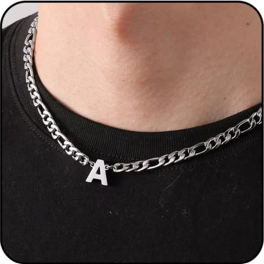 Silver Initial Pendant Necklace with Figaro Chain, Stainless Steel
