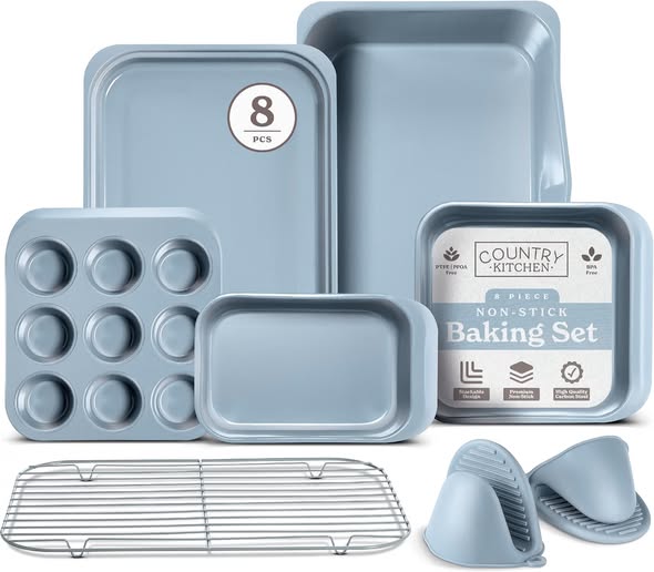 Nonstick Stackable Bakeware Set, 8-Piece, Light Blue