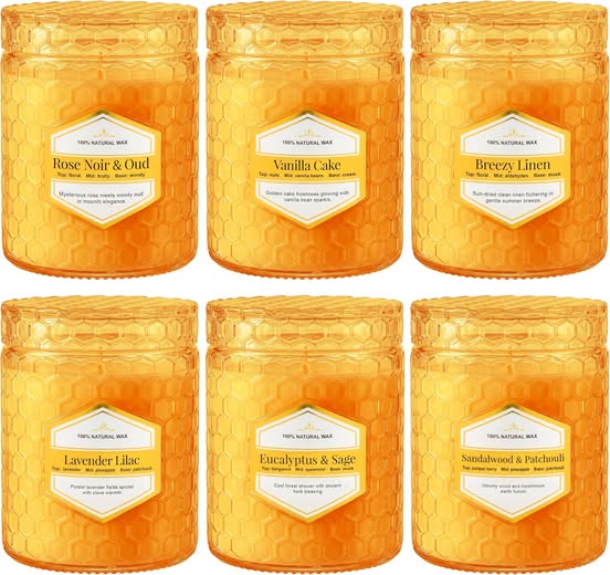 6-Pack 5.5 oz Amber Glass Lavender Sage Scented Soy Wax Candles