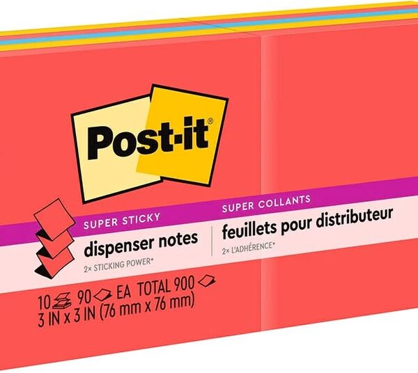 3 x 3-Inch Super Sticky Dispenser Notes, 10 Pads, Primary Colors