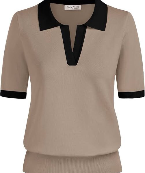 50% 0FF Women's Short Sleeve V-Neck Collared Polo Sweater Top
