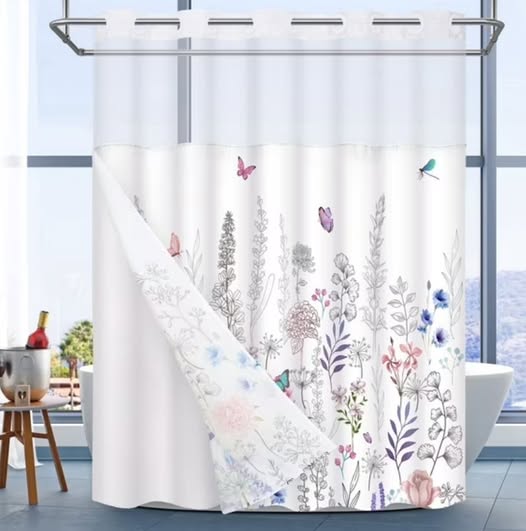 Hookless Waterproof Fabric Shower Curtain with Snap-In Liner, White Boho Floral, 71 x 74 Inches