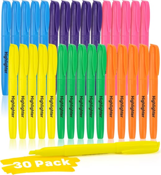 30-Pack Assorted Color Highlighters, 6 Colors, No-Bleed