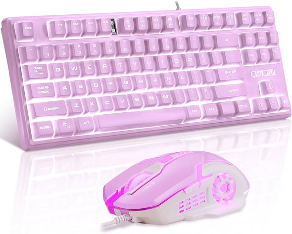LED Wired Keyboard & Mouse Combo, 87-Key, Anti-Ghosting, Purple