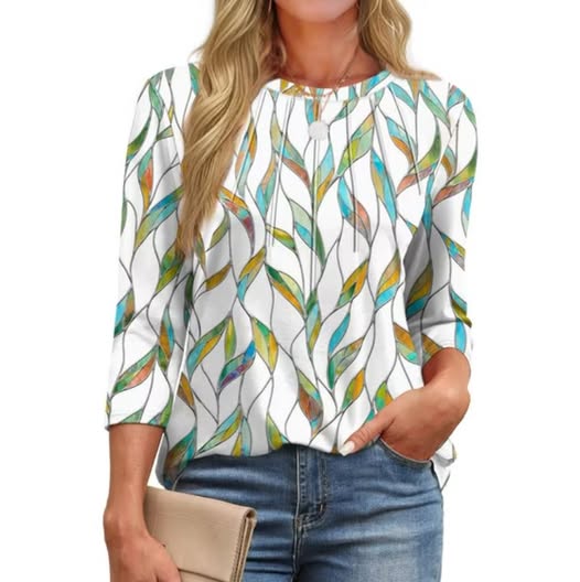 Women's Plus Size 3/4 Sleeve Pleated Tunic Top, Crew Neck