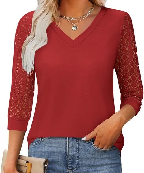 Women's 3/4 Sleeve V-Neck Lace Blouse, Dressy Casual, S–XXL