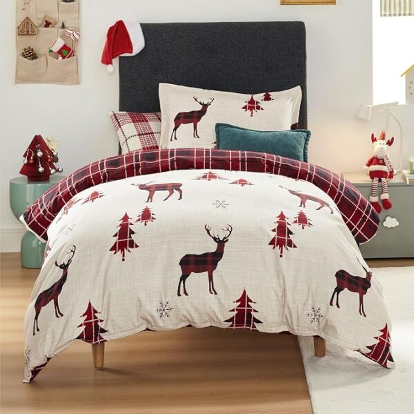 Christmas Duvet Cover Twin, Reversible Plaid Bedding Set